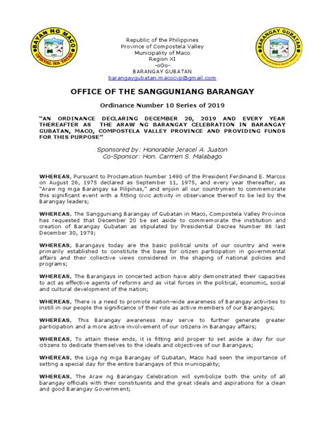 sample program for araw ng barangay|Barangay Ordinance Number 10 Araw NG Barangay .